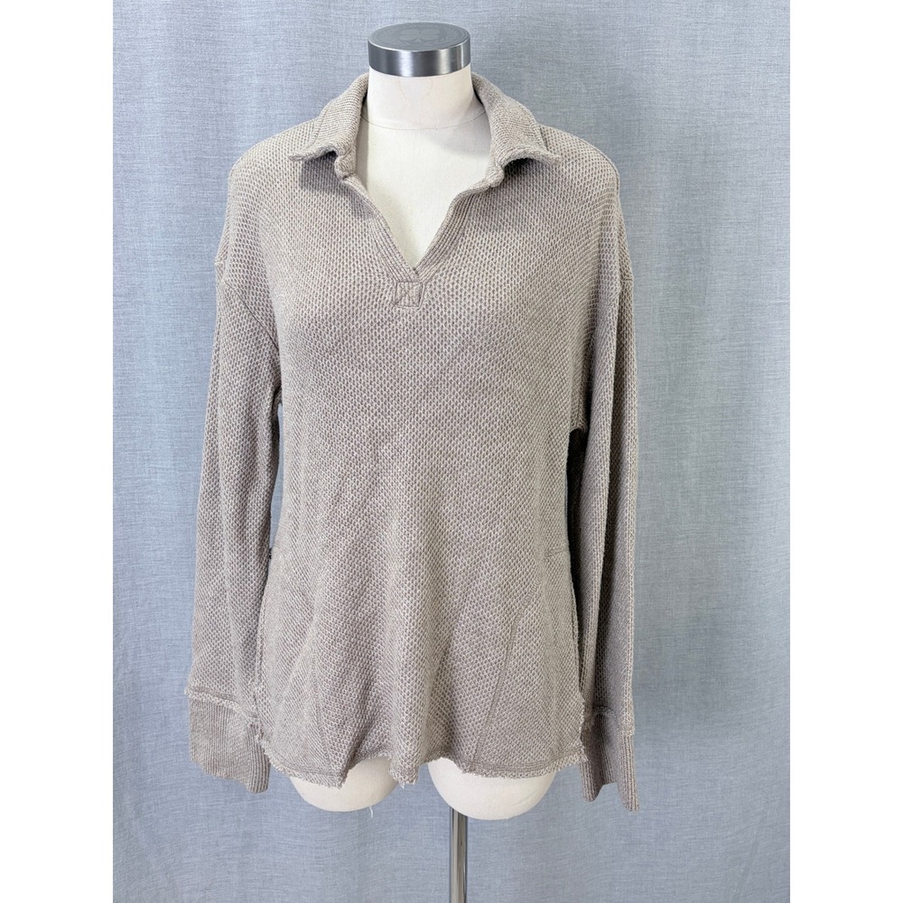 Thread & Supply Pullover Taupe Waffle Knit Collared V-Neck Top Large